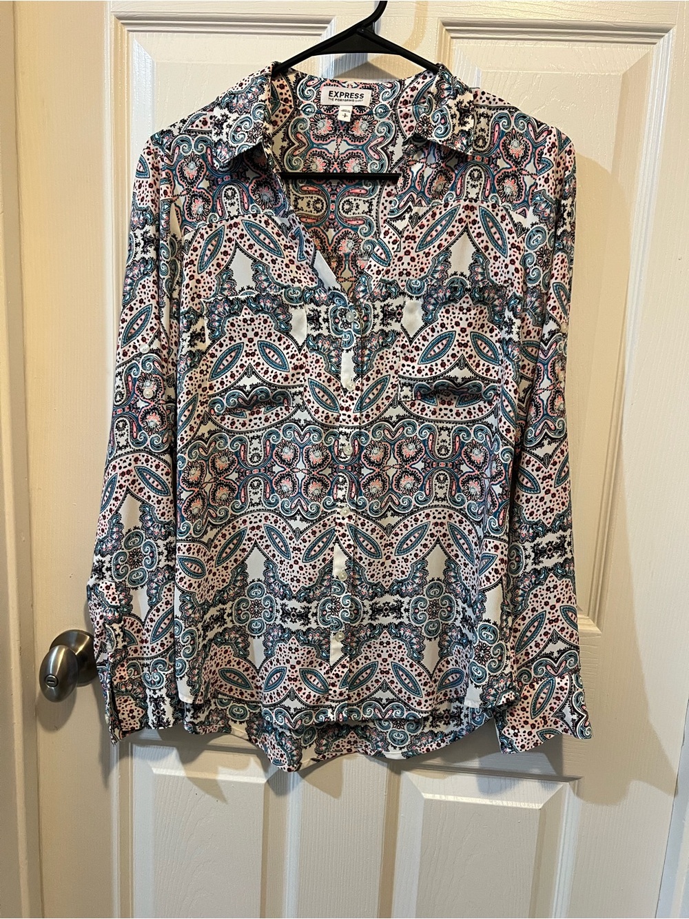 Express Paisley Button-Down Blouse in Teal and Pink